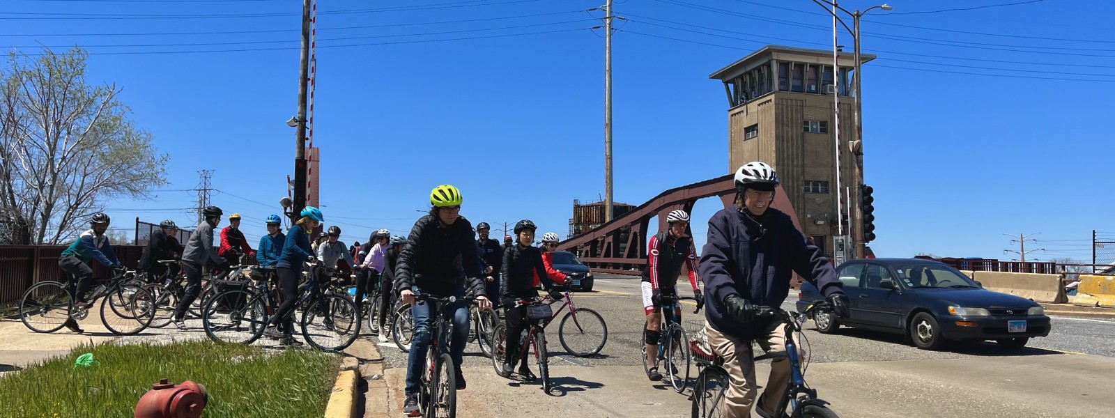 Dean Boyer leads bikers across the 95th Street bridge