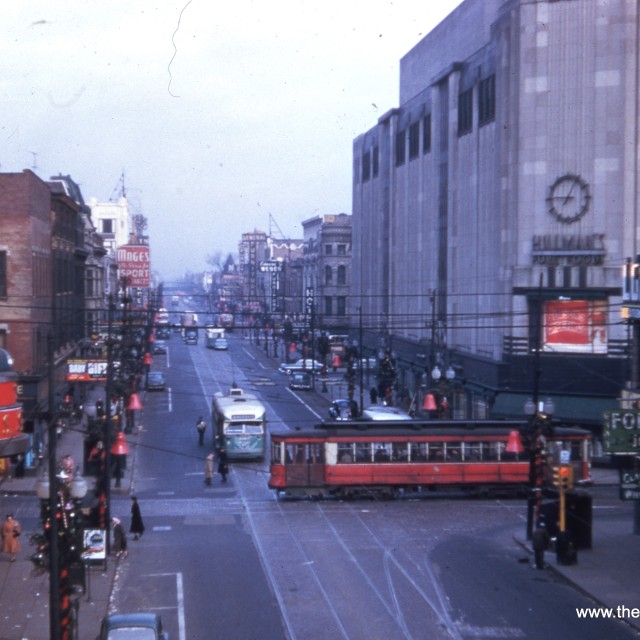 Trolleys crossing paths on 63rd St at Halsted St, 1952