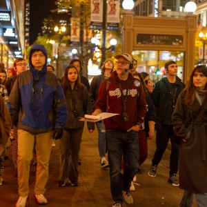 A tour group downtown near the "cursed" mall at Block 37