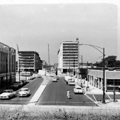 Looking west down 55th St. in Hyde Park from Lake Park Blvd., ca. 1959.